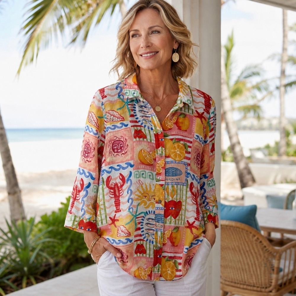 Calypso St Barth Linen Blend Mediterranean Print Button Up Tunic Top L Sun Heart